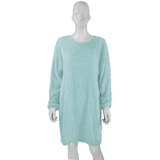 Chic Women Autumn Solid Color O Neck Sweater Fluffy Loose Knee-length Dress