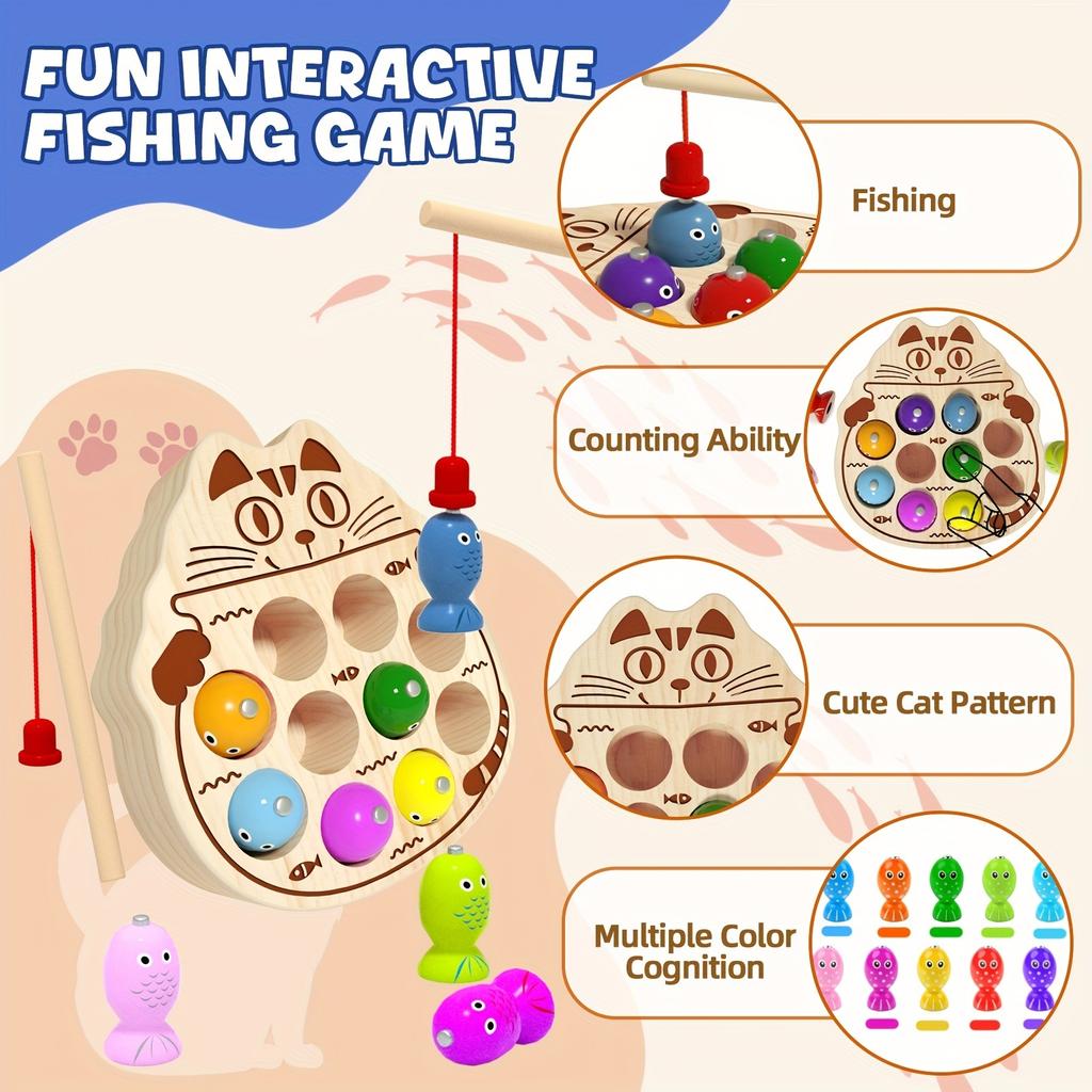 Wooden Magnetic Fishing Toy for Kids - Fine Motor Skills Exercise, Cute Cat Design with Colorful Balls & Fish Figures, Gift