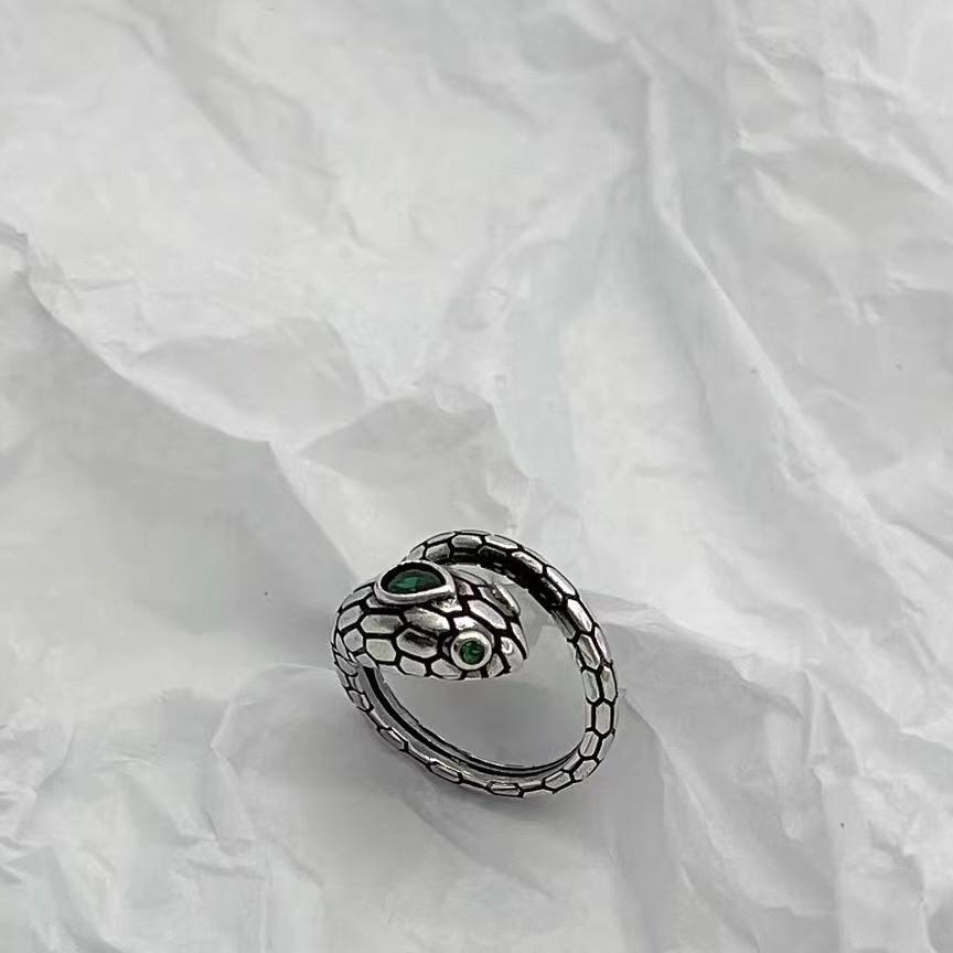 S925 Silver Vintage Green Gemstone Snake Ring - Trendy Hip Hop Index Finger Design