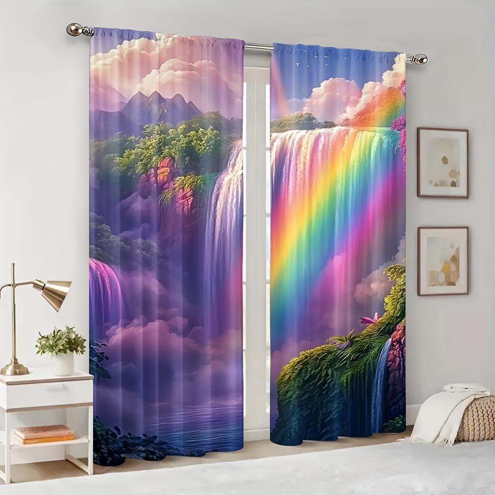 2pcs Whimsical Rainbow Falls Curtains - Vibrant Waterfall & Rainbow Design   100% Polyester   Rod Pocket Window Treatment for Livi
