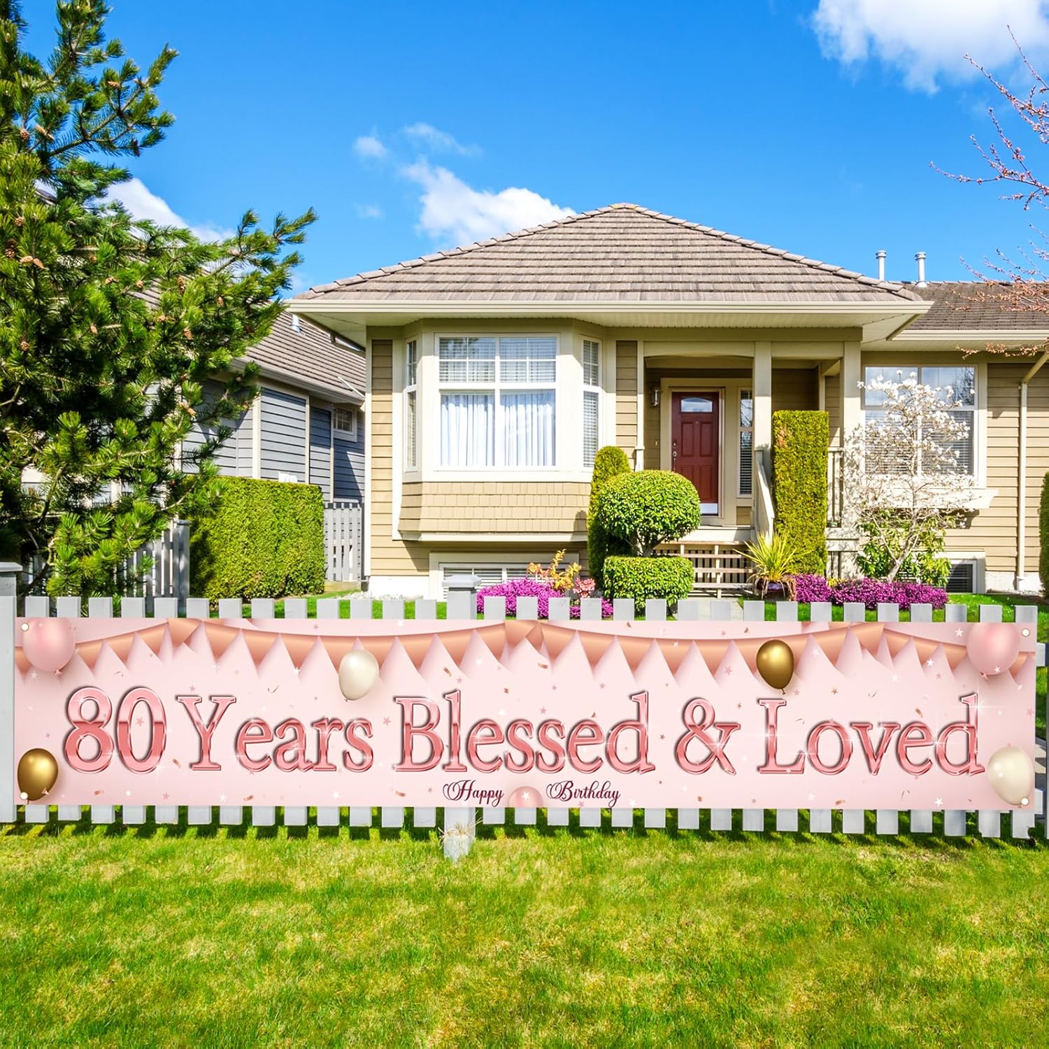 Labakita 80 Years Blessed and Loved Banner, Large Happy 80th Birthday Banner, Mom Grandma’s 80th Birthday Decorations, Women s 80th Banner, Women
