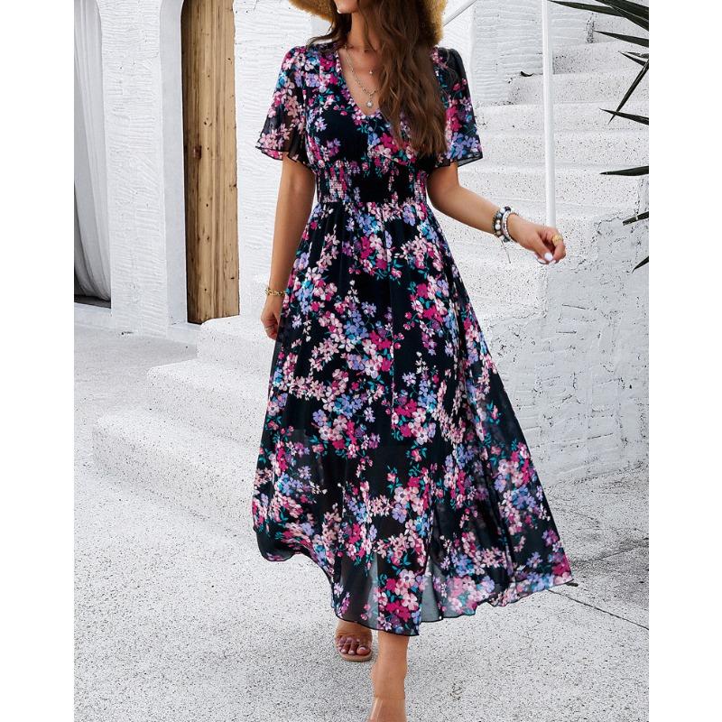 Women's Temperament V-neck Short-sleeved Printed Dress Chiffon Dress