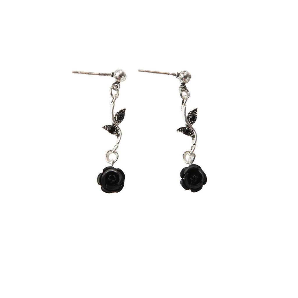 Elegant High-End Women's Retro Silver Fairy Jewelry Set: Black Knight Rose Earrings, Bracelet & Necklace