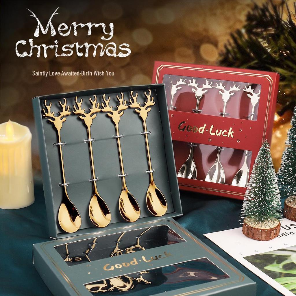 Reindeer-Themed 304 Stainless Steel Coffee and Dessert Mixing Spoon Gift Set In Cute Christmas Box