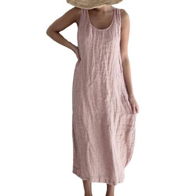 Strand Casual Loose Fit Midi Vintage Kleid Damen Sommer O-Ausschnitt ärmellose Taschen Weste Kleid Beachwear