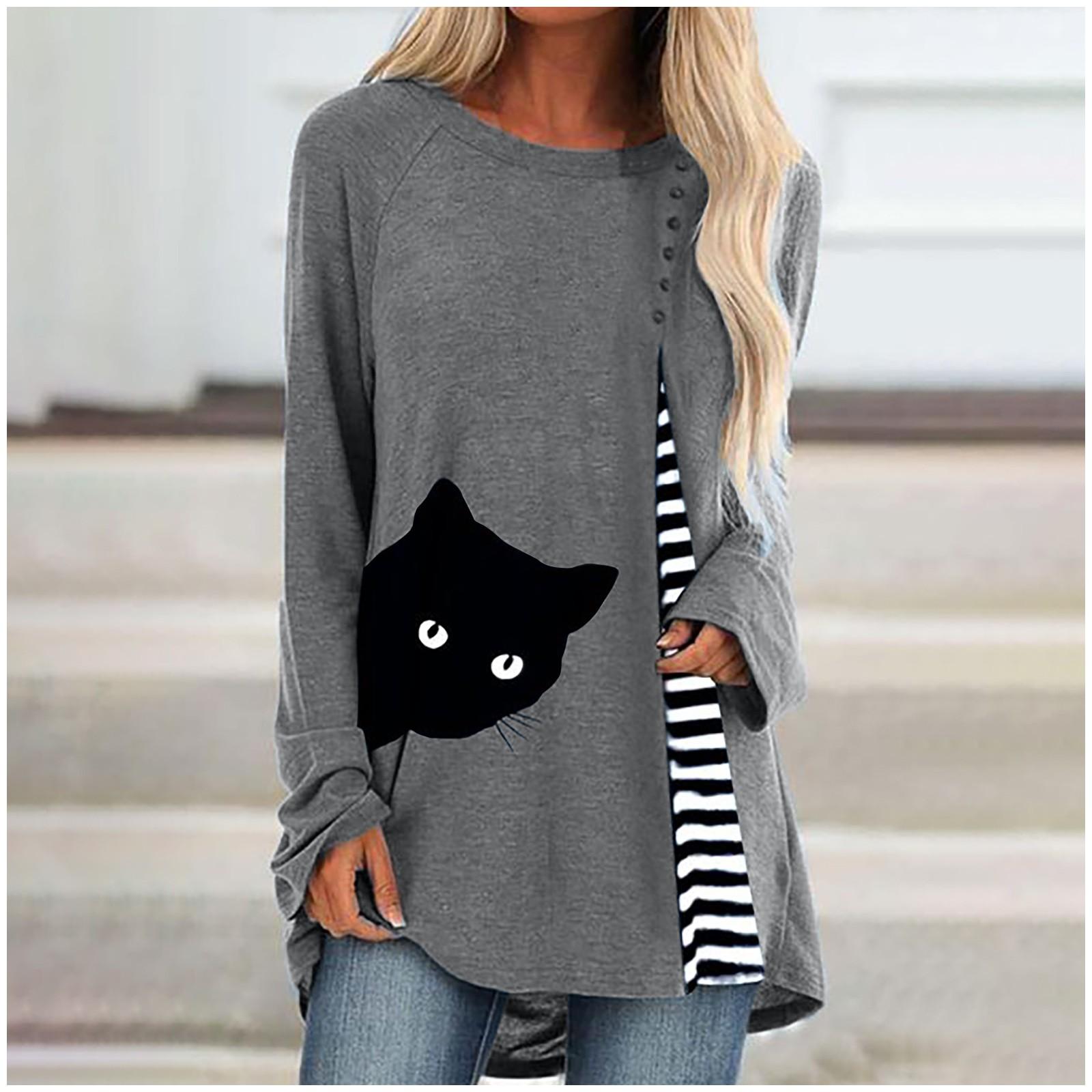 

2020 новая модная женская клетчатая рубашка в полоску с длинным рукавом и принтом кота M