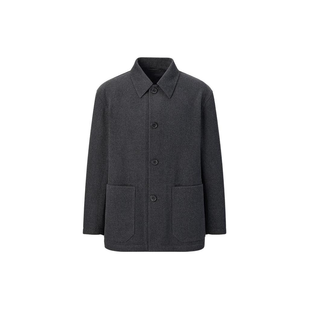 UNIQLO Solid Color Wool Blend Shirt Jacket Men jackets Dark-Gray 452851-08