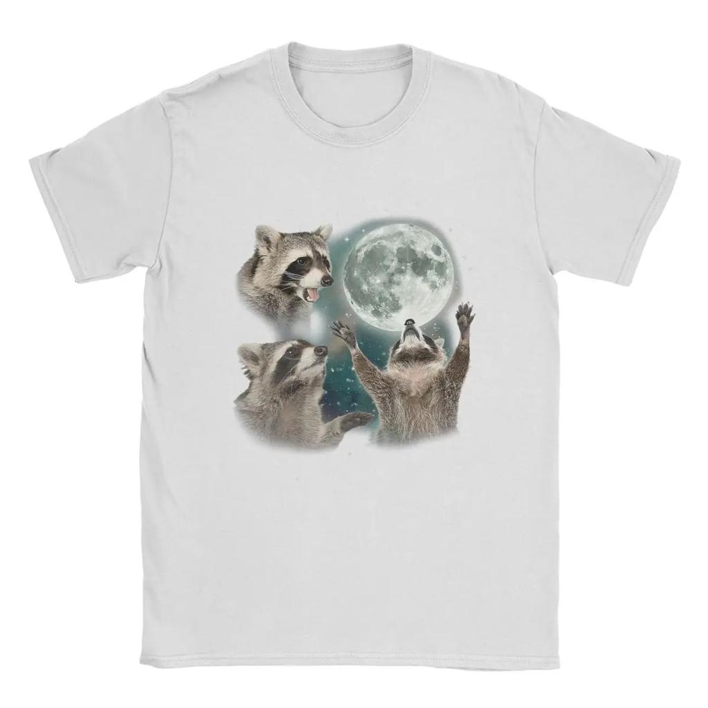Raccoon 3 Racoons Howling At Moon T-Shirts Men Funny Weird Cursed Novelty 100% Cotton Tee Shirt Crewneck Short Sleeve T Shirts