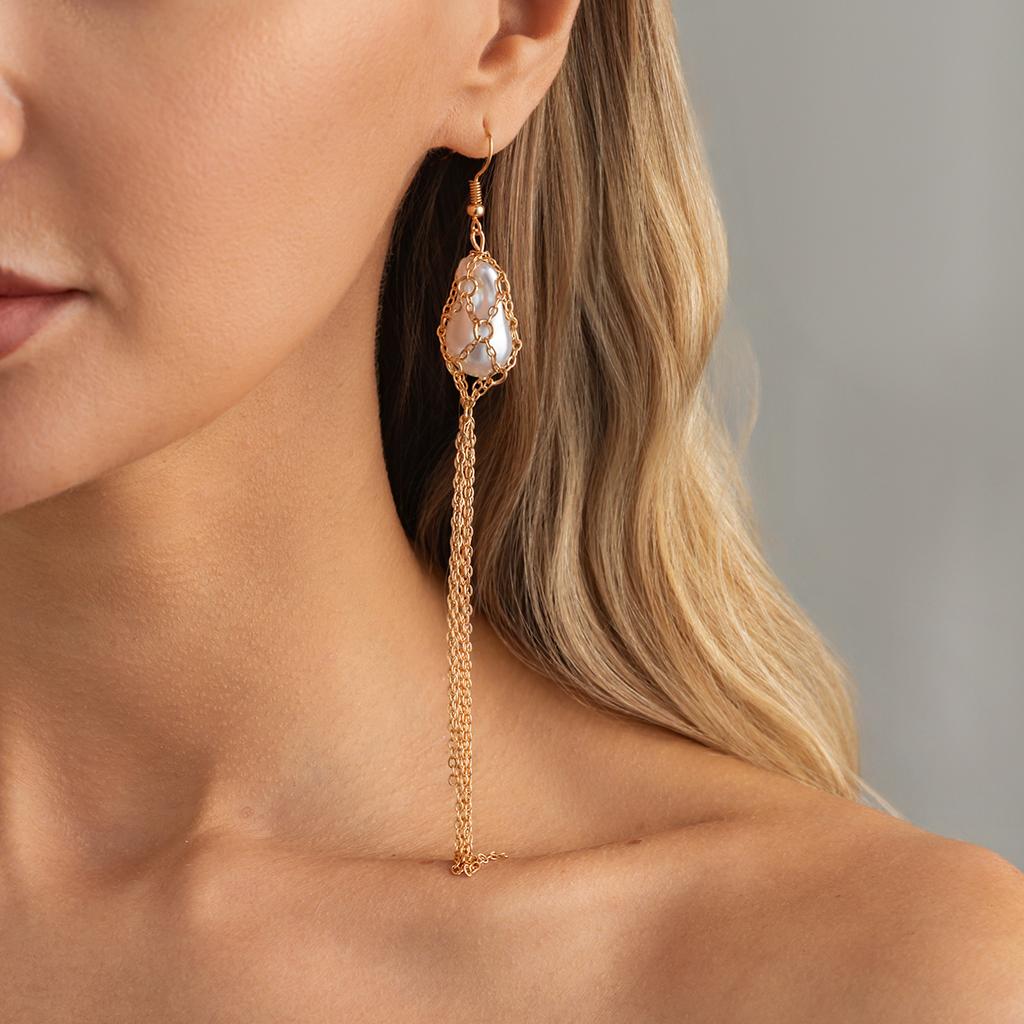 Ingemark Exquisite Boho Imitation Pearls Drop Earrings for Women Creative Long Metal Tassel Dangle Earrings Jewelry Accessories