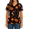 Women's Halloween Printed V-Neck Double Pocket Short Sleeves Hem Slit Uniform Caregiver Top
