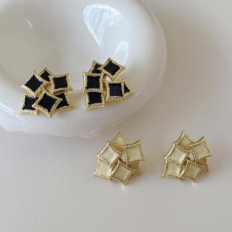 Vintage Black Drip oil Double Layer Square Stud Earrings For Women Fashion Metal Irregular Geometric Earring Zircon Accessories