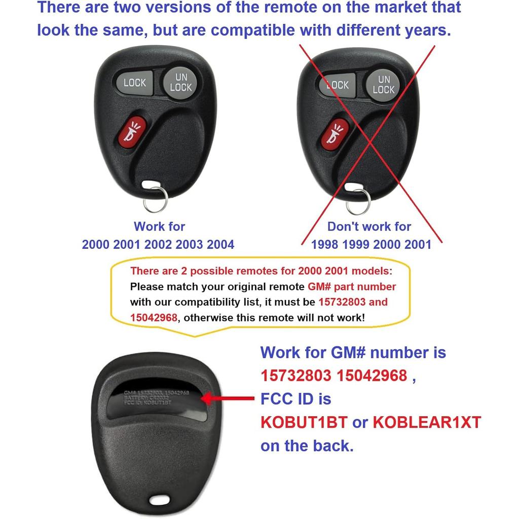 Key Fob for 2001-2002 Chevy Silverado Suburban Tahoe& GMC Sierra Yukon/ 01-04 S10 Sonoma/ 2002 Avalanche Car Keyless,KOBLEAR1XT 15042968, 3 Buttons