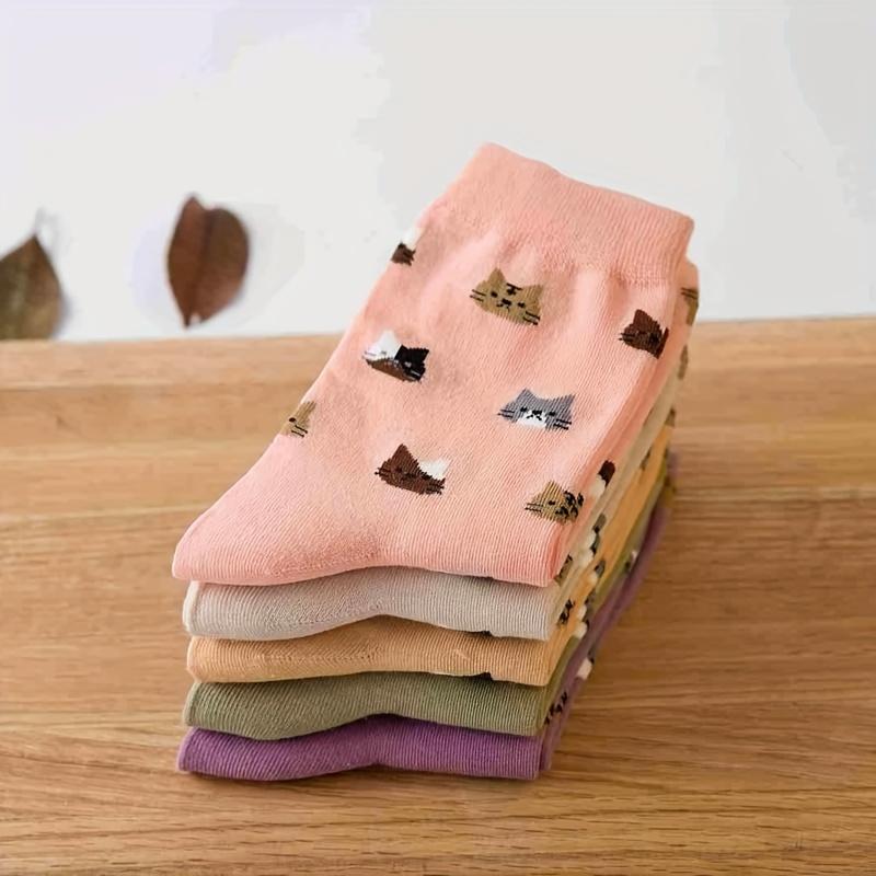 5 Pairs Women's Socks - Cute Cat Face Design, Autumn/Winter, Animal Pattern, Cute Socks, Cozy Home Wear, Winter Warm Socks,Comfortable Sock Material