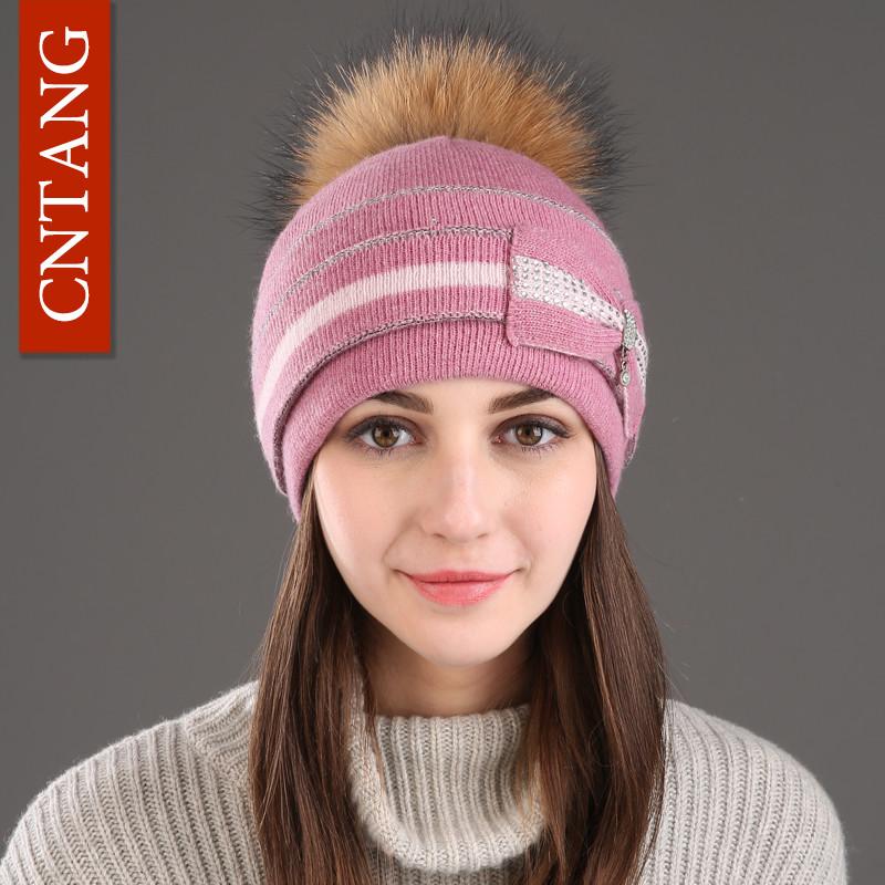 Classic Multiple Styles Women Beanie Winter Warm Fashion Raccoon Fur Pompom Hats Knitted Wool Cap Clearance Cheap High Quality