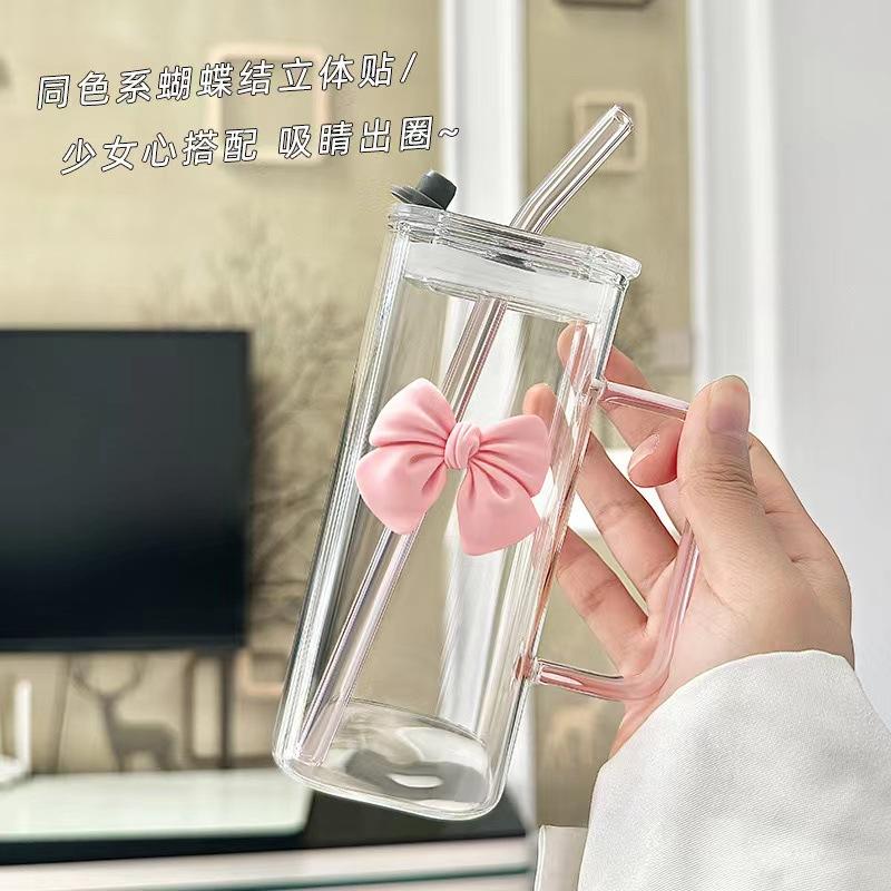350ml Square Glass Straw Cup with Handle Bow Water Cup Household Cup Female Milk Coffee Cups with Pink Tumblers Handle Gift