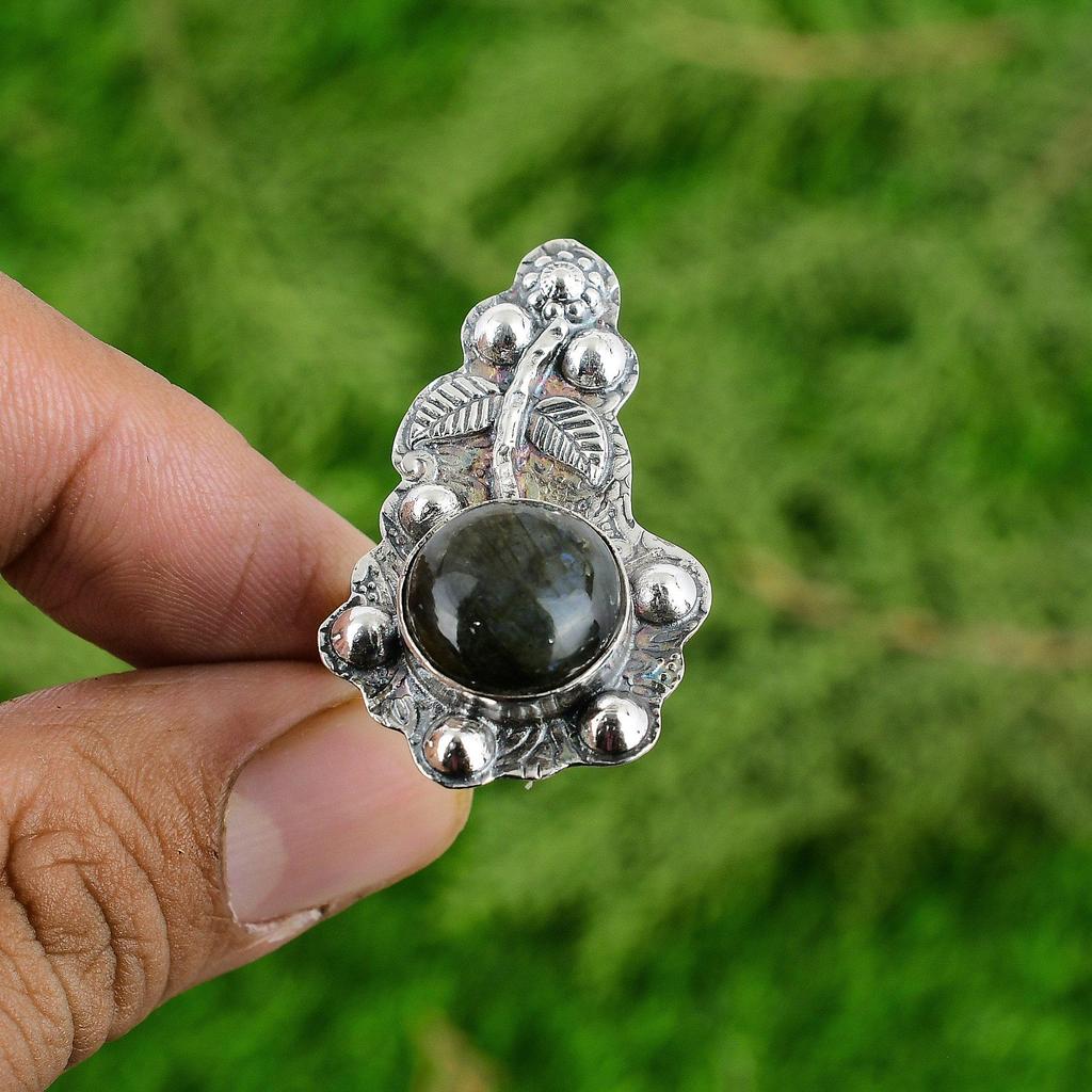 925 Sterling Silver Labradorite Gemstone Promise Statement Flower Ring Jewelry