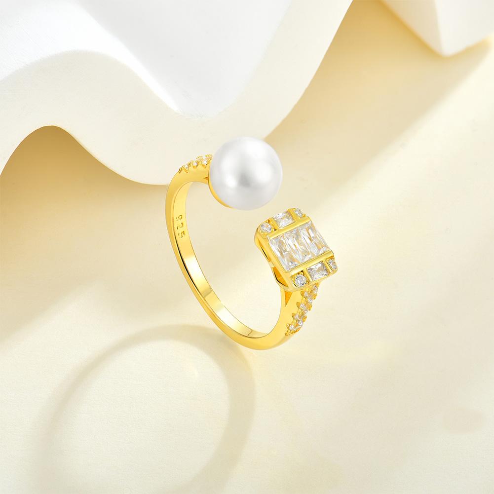 Gold Plated 925 Sterling Silver Open Adjustable Ring Freshwater Baguette Open Band Statement Ring for Women Fashion Jewelry