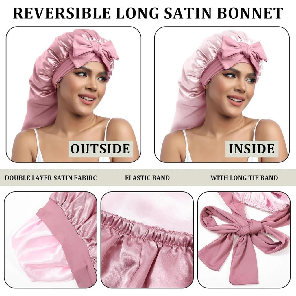 Long Satin Bonnet - Double Layer Reversible Silk Bonnet for Long Hair Women Sleeping Cap with Tie Band