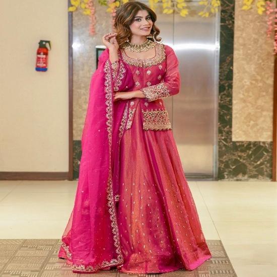 Zari-Embroidered Rani Pink Silk Anarkali Suit with Dupatta Set
