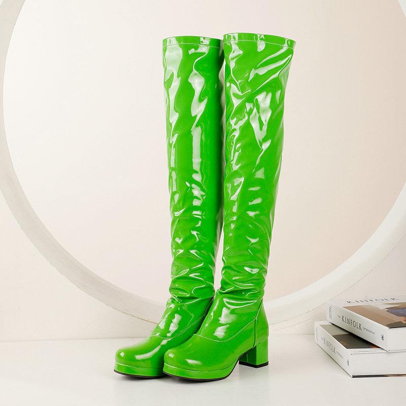 Autumn and winter tall women's boots show thin personality versatile patent leather high-heeled boots patent leather thick-heeled boots over the knee