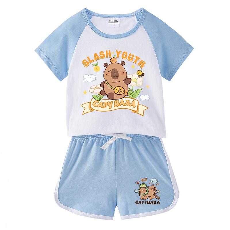 Kids' Summer Color Block Two-Piece Set: Casual T-shirt & Shorts
