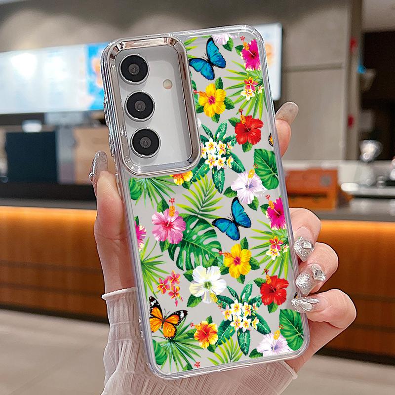 Floral Pattern Case For Samsung S26 S25 Ultra S24 FE S23 Plus S22 S21 A15 A16 A17 A35 A36 A37 A54 A55 A56 A57 5G Plating Lens Soft Cover