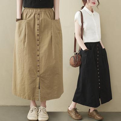 Summer Retro Skirt Loose Solid Color Elastic Waist Skirt Women's Mid-length A-line Skirt