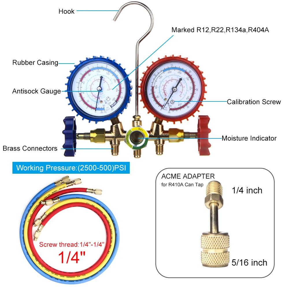 R134a Air Conditioning Pressure Gauge with Hose and Hook 3 Way AC Diagnostic Manifold Gauge Set Freon For R12 R22 R404A R134a