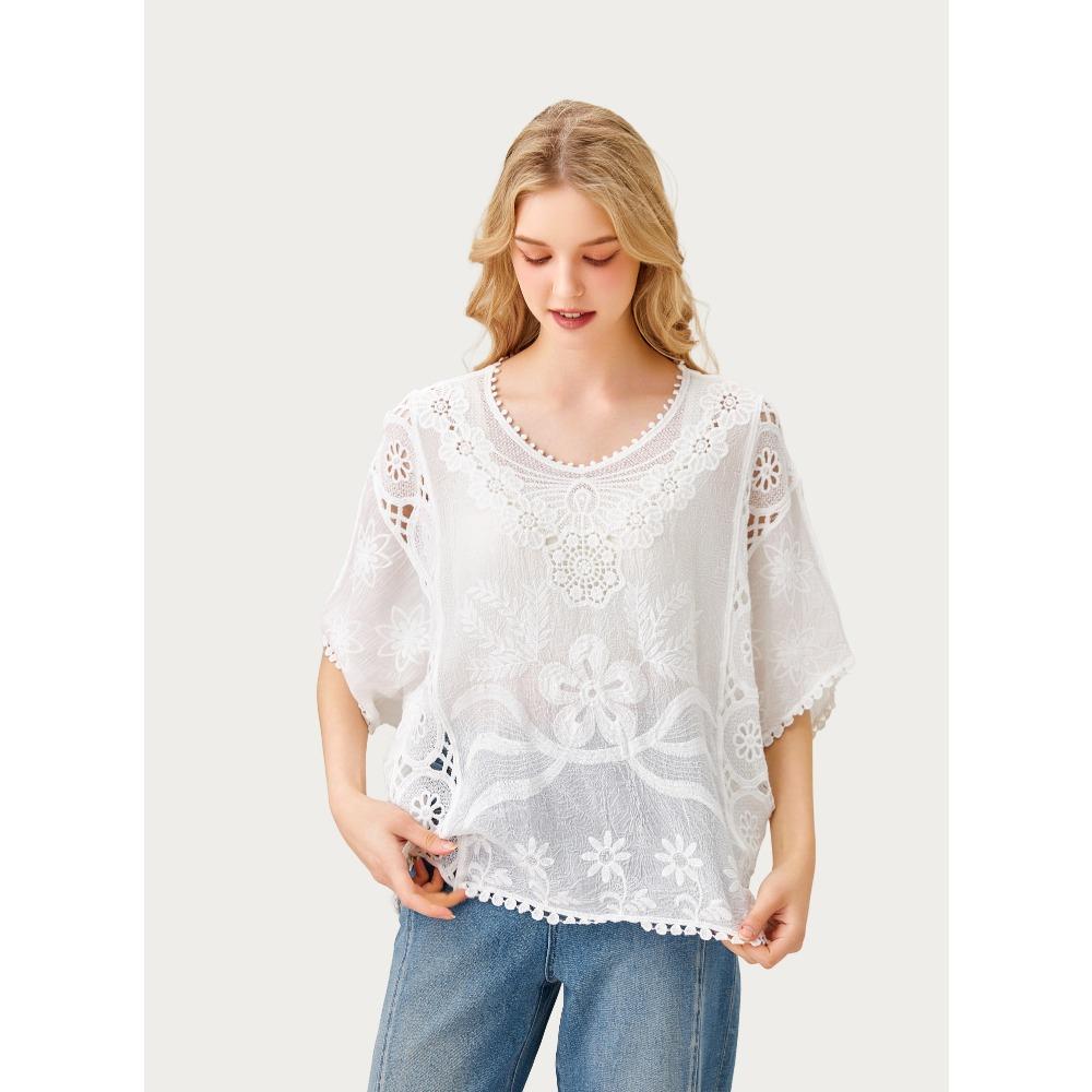 DIMANAF 2026 New Summer Basic Shirt Women Lace O-Neck Blouse Tops Tees Loose White Short Tees