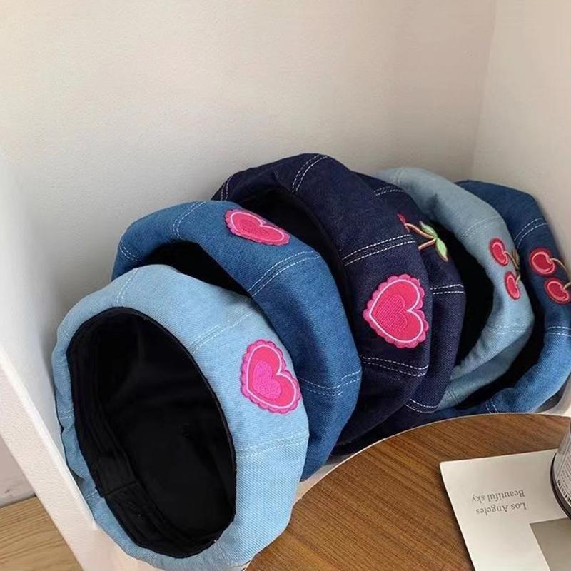 Women's Pink Denim Beret Hat - Heart Love Octagonal Cap Soft Artist Painter Hat Korean Sweet Style Solid Cotton - One Size