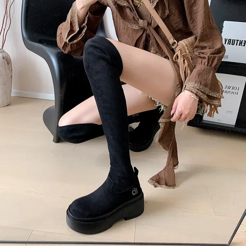 

Женские сапоги на плоской подошве до колена, модные туфли с боковыми молниями, осенне-зимние женские эластичные узкие длинные сапоги 39