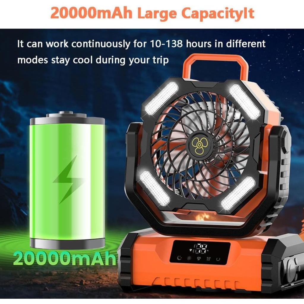 20000mAh Rechargeable Portable Camping Fan, Tent Fans with LED Lantern, 4 Wind Speeds, 4 Timer Modes, Desk Fan w/Remote, 360° Rotation Hook