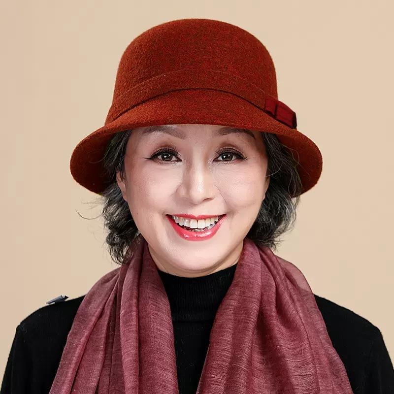 Autumn and winter women's high-end hats, middle-aged mother hats, top hats, woolen bows, basin hats, fashion hats, ladies
