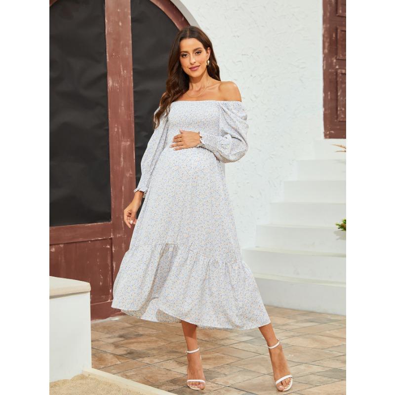 YYFS Women's Fashion Spring Fall Flower Pattern Print Long Sleeve One Shoulder Loose Waistline Casual Dresses