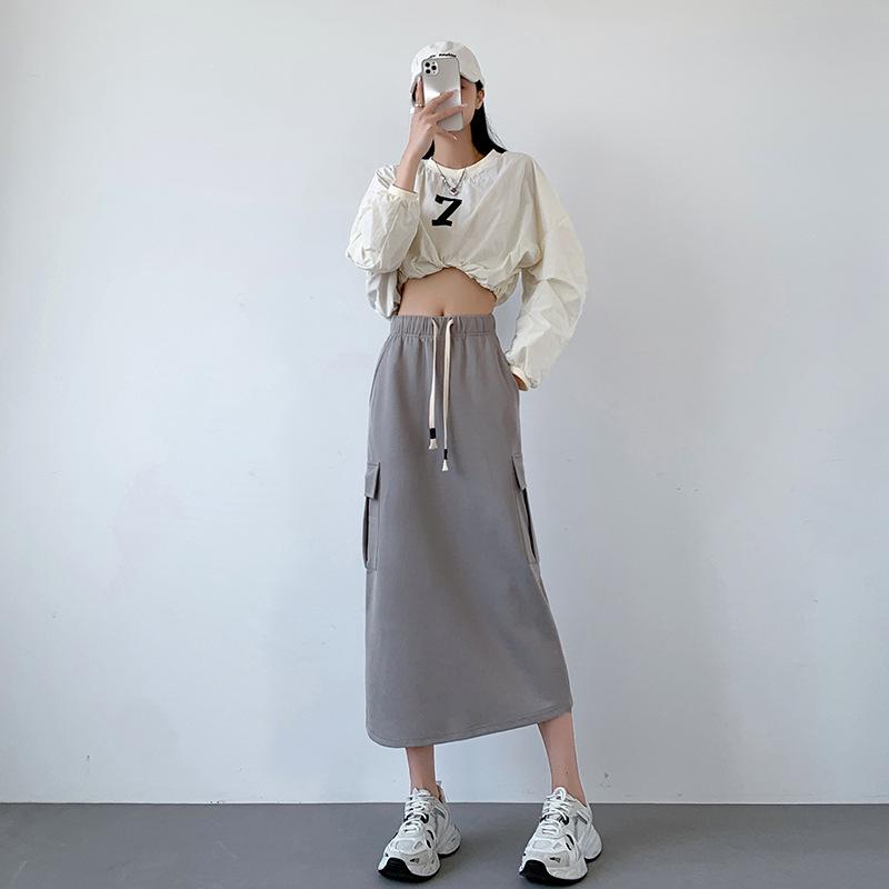 

Women s A-Line High Waist Midi Skirt - Spring & Autumn 2024, Slimming with Slit, American Style, Versatile Cargo Design Large