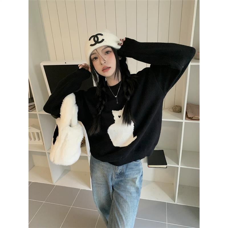 Koreansk stil Dam Kort Pullover Stickad Tröja Höst och Vinter Retro Lös Topp