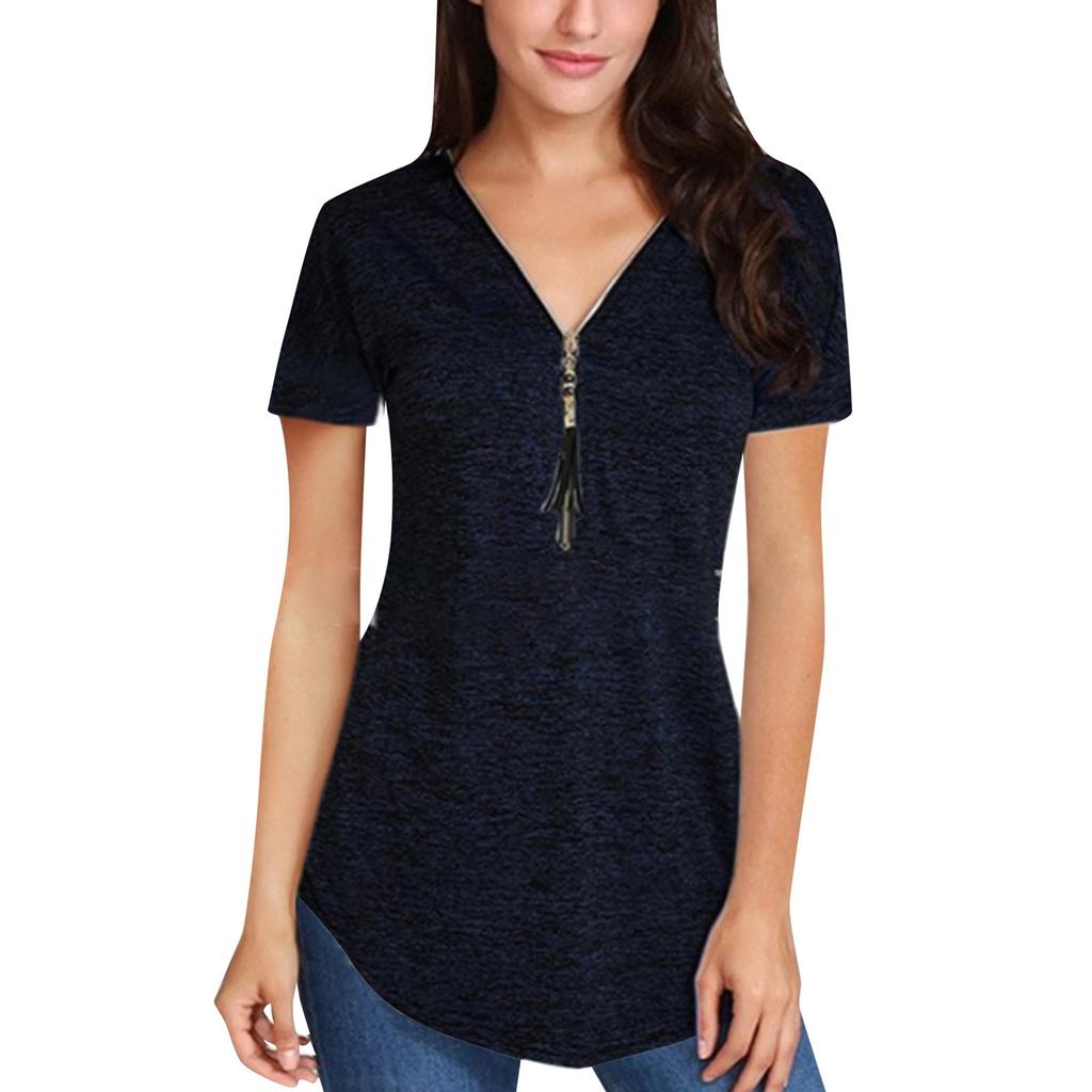 Women's Fashion Summer V-neck Tassel Zipper Color Short Sleeve Pullover T-shirt Top