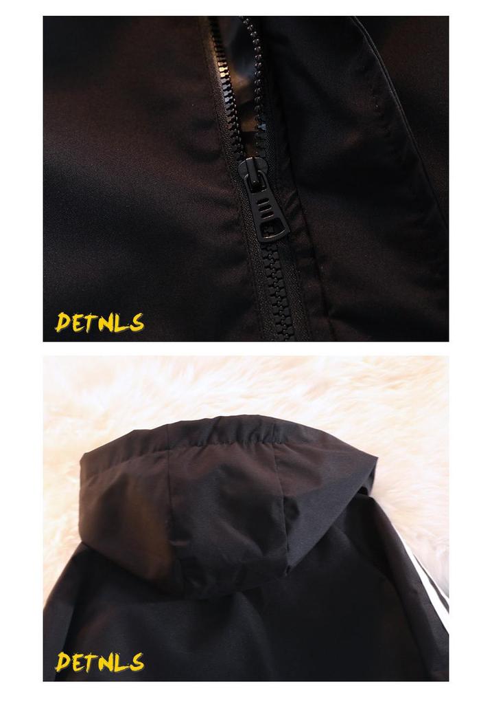 Men's Three-Stripe Hooded Windbreaker Jacket - Trendy High Street Casual Fashion for Spring and Autumn.