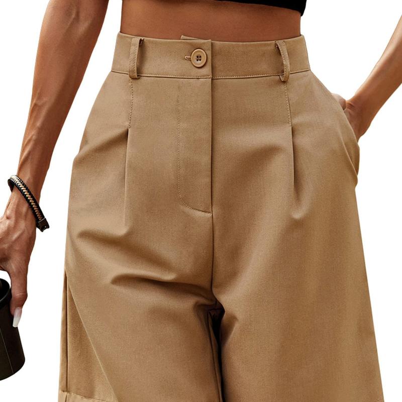 Summer Women Shorts Elastic High Waist Loose Side Pockets Straight Above Knee Length Soft Solid Color Breathable Daily Casual Business Office Shorts