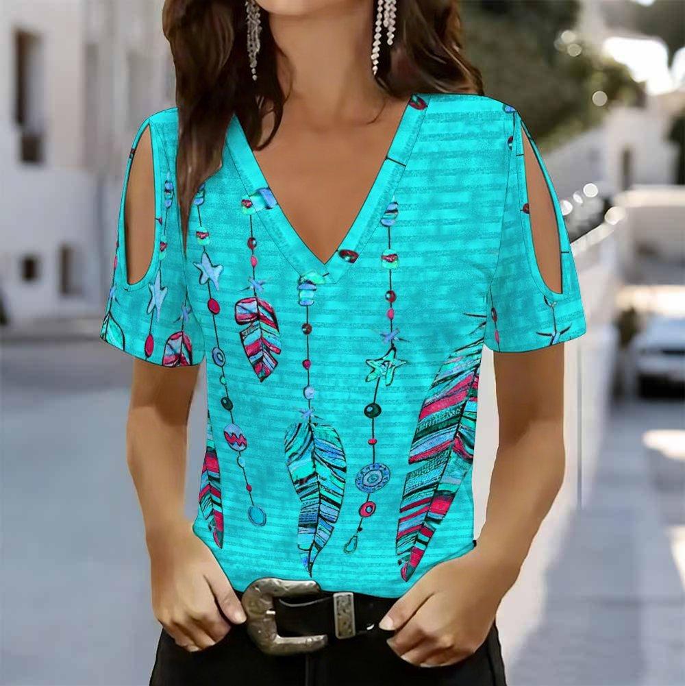 Damen V-Ausschnitt Cold Shoulder Bluse Schwarze Basis Lebendiger Gelb-Grüner Pfauenfederdruck Oberteil