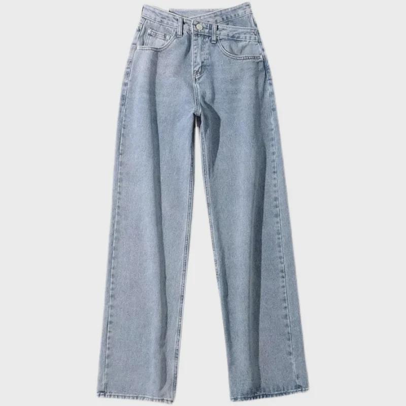 Leichte, hoch taillierte Straight-Jeans für Damen im Sommer 2022 – lockere, schmale, überkreuzte Taille, dünne, weit geschnittene, bodenlange Hose