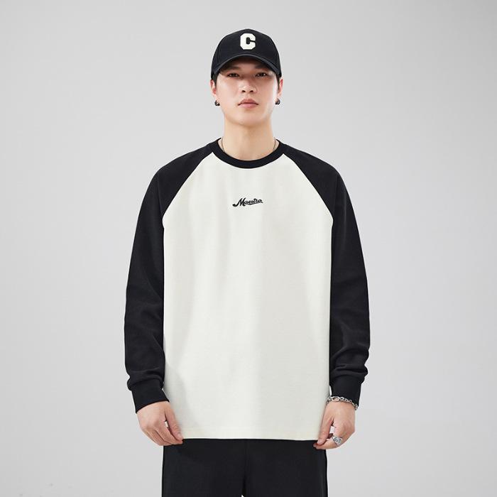 Autumn And Winter Long-Sleeved Sweater Men'S Loose Large-Size Bottoming Shirt With Splicing Crew Neck Clothes Top Trendy Brand