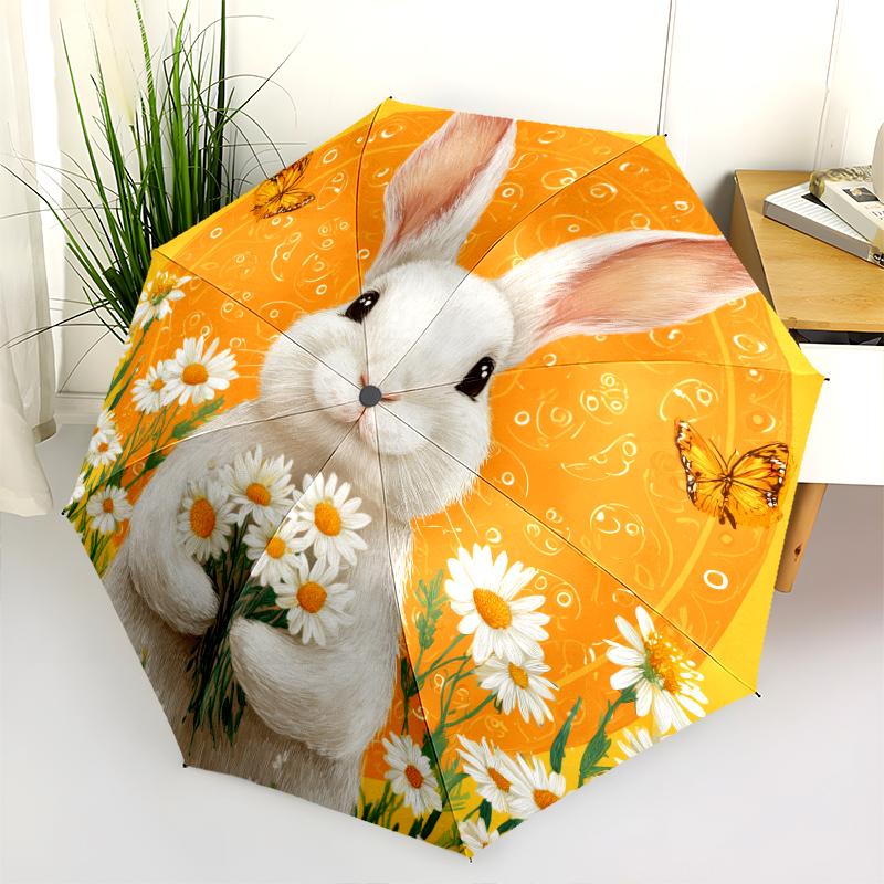 Rabbit and Flower pattern, automatic folding umbrella, portable and foldable design, 8 ribs, a Christmas or birthday gift.