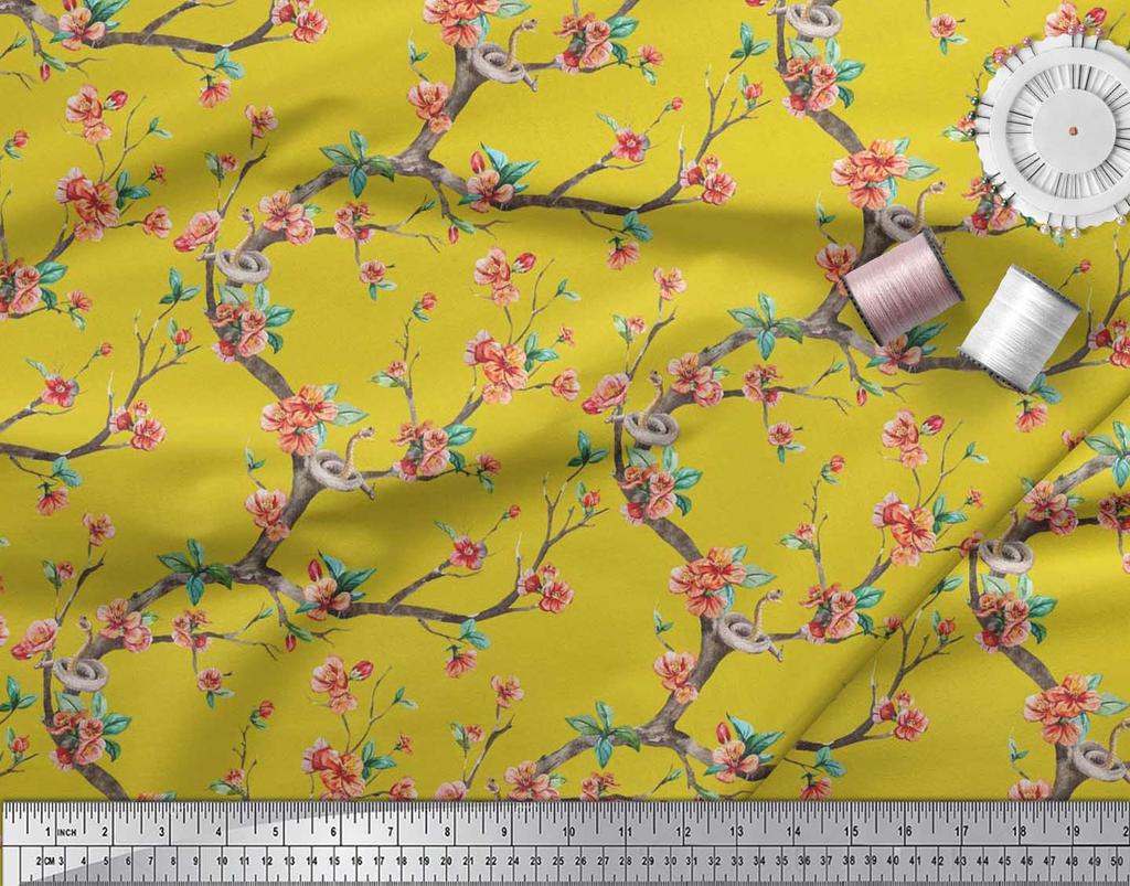 Soimoi Japonská krepová saténová látka Had, listy a květy, květinový potisk v metrech 42 palců