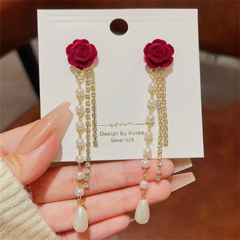 Elegantní Módní Korejské Zirkonové Trhané kaméliové perlové střapcové Visací Náušnice pro Ženy Dívky Dárek Šperky Velkoobchod