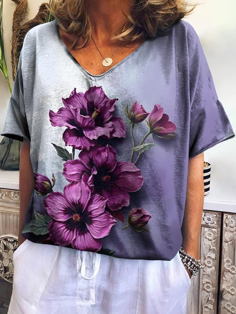 

Винтажные женские футболки с V-образным вырезом, 3D цветочным принтом, свободные, с коротким рукавом, летняя уличная одежда, повседневная одежда оверсайз для женщин 5XL