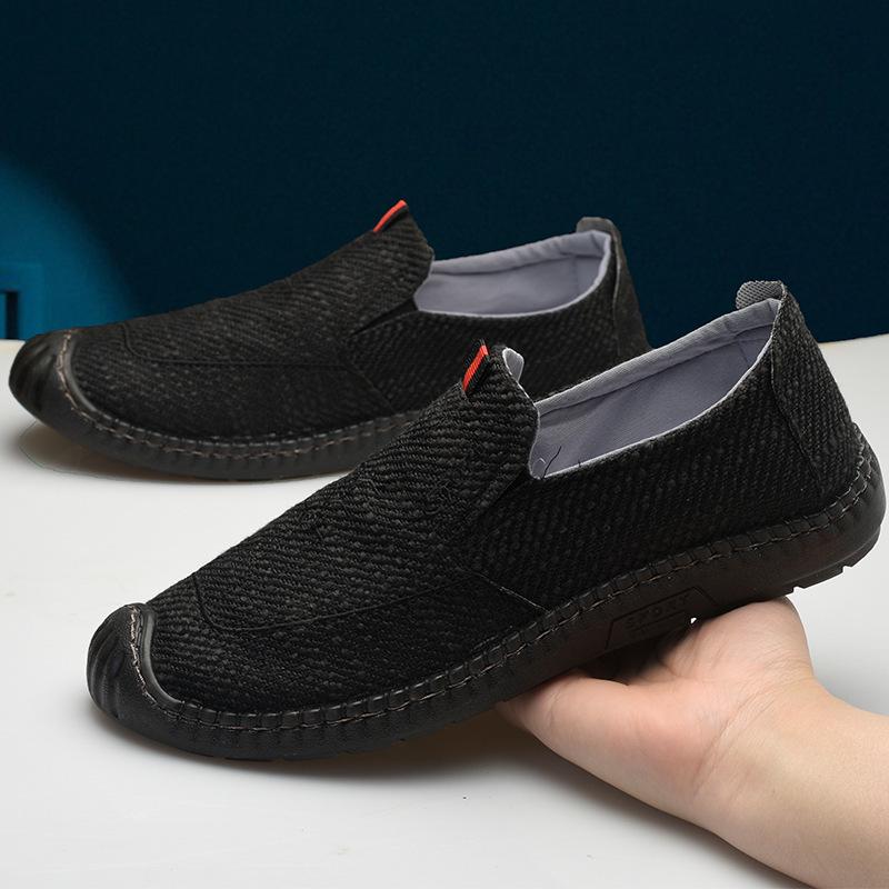 Men's Breathable Canvas Slip-On Shoes, Soft Cowhide Sole, Linen Low-Top Moccasins for Driving and Casual Wear