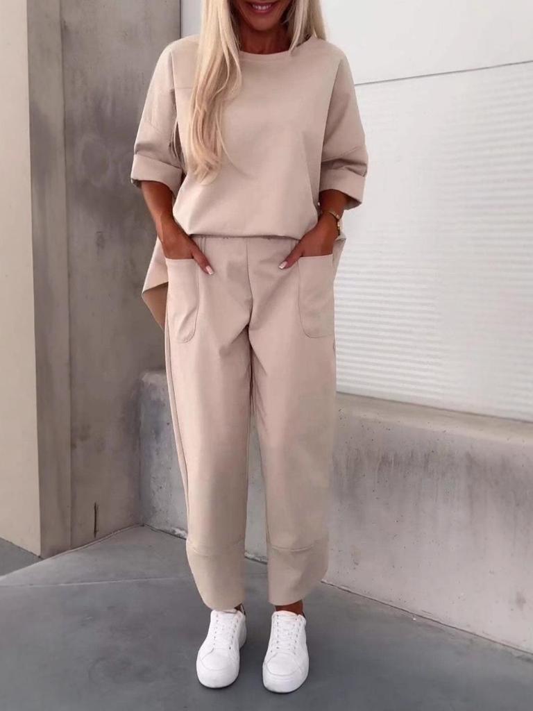 2024 Autumn/Winter Women's Solid Crew Neck Long Sleeve Set with Pocket Pants.