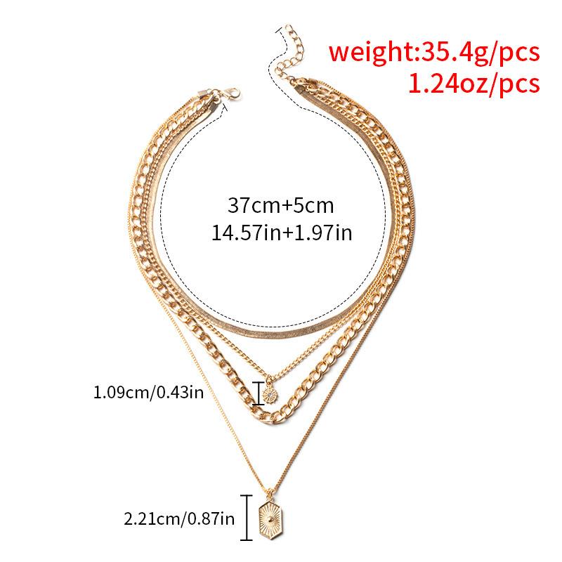 Layered Golden Zinc Alloy Necklace For Women, Cubic Zirconia Inlaid Teardrop Pendant, Multi-Strand Chain Choker Set With Textured Charms