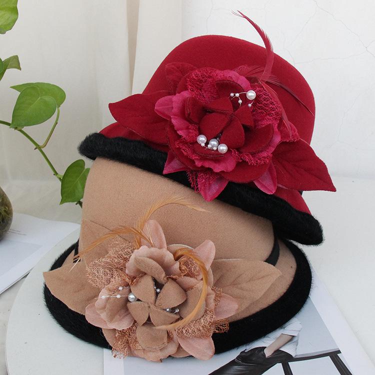 Hat Women's Autumn and Winter New Black Woolen Hat Casual Warm Bucket Hat British Feather Flower Top Hat